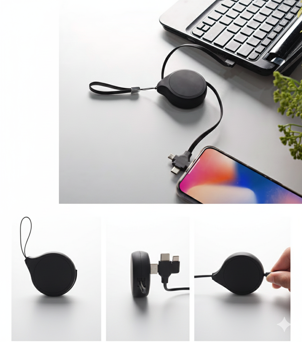 Portable Charger with Built-in Cable – High-Quality Black Rubber Design – Custom Logo Printing Support