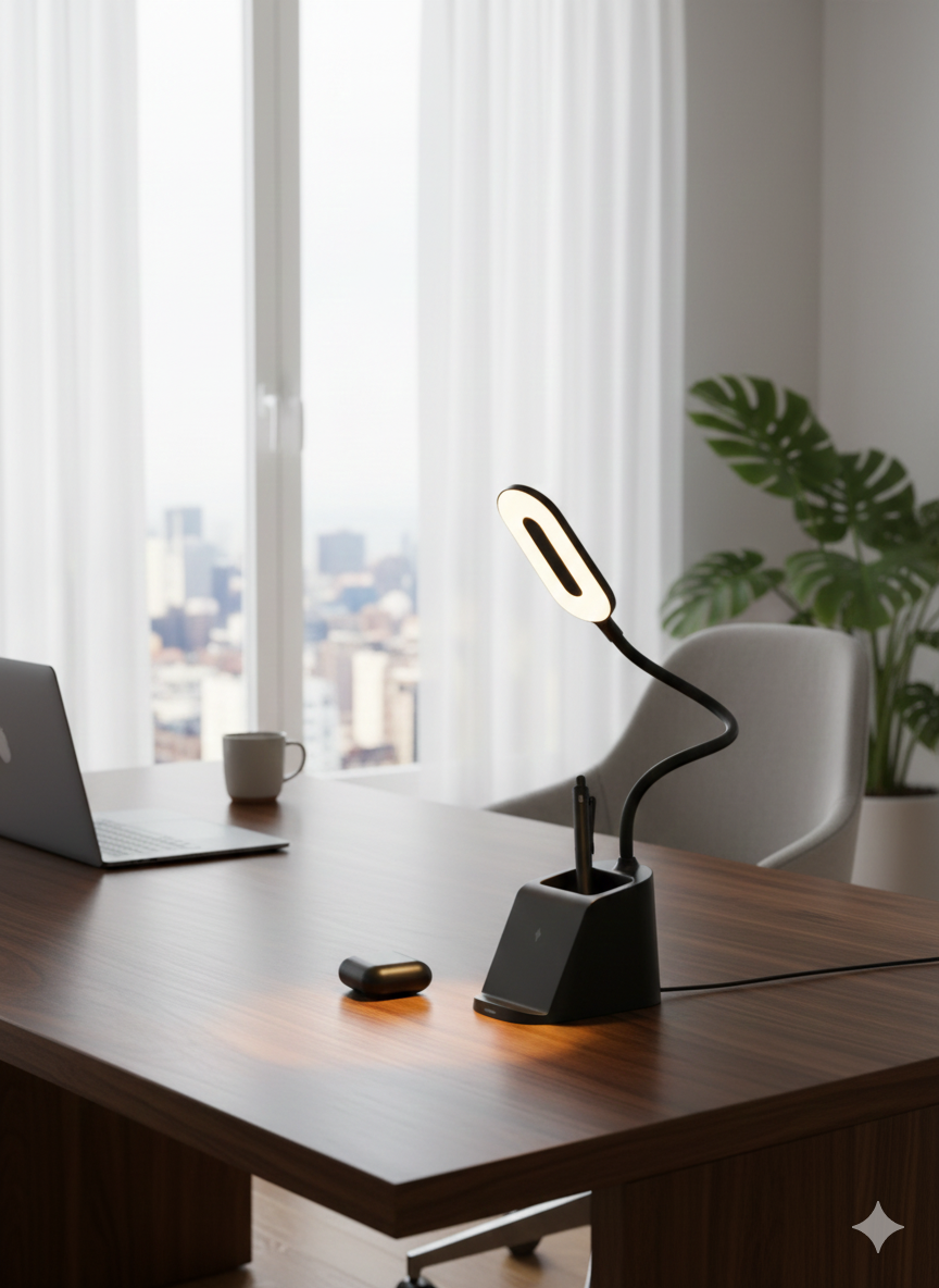 LED Smart Desk Set with 15W Wireless Charger & Adjustable Desk Lamp – Wheat Straw Material (WS-WCT23) - Image 3