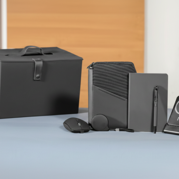 Premium Multi-Texture Organizer Bag Set – Notebook, Pen, Wireless Mouse & Power Bank