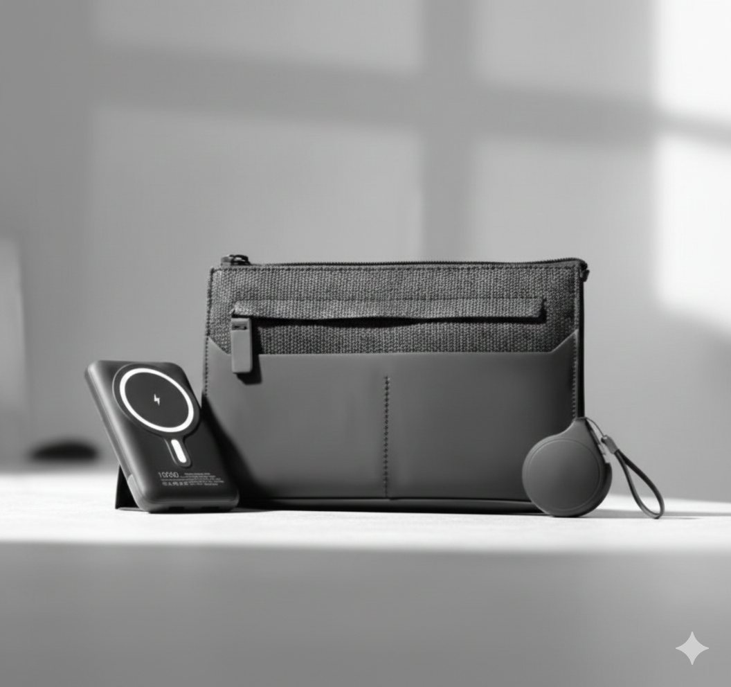 Mini Black Tech Set – Wireless Power Bank with Retractable Cable & Organizer Pouch - Image 3
