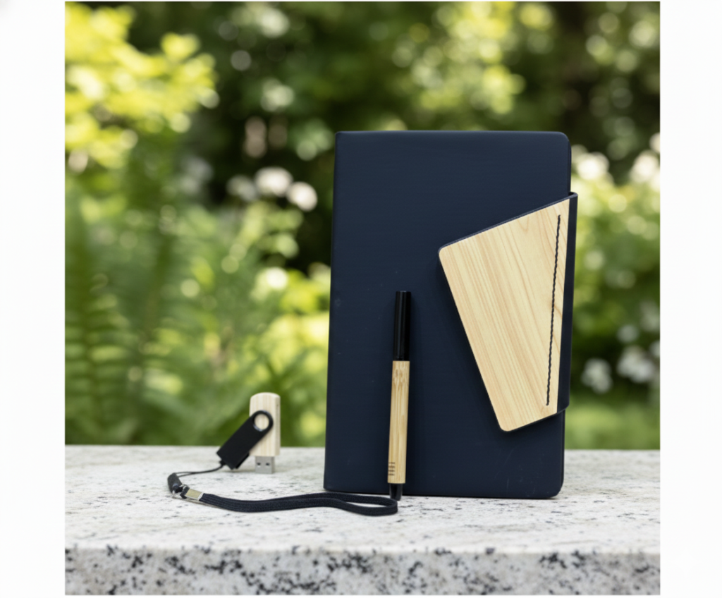 Cork & Linen Eco-Friendly Gift Set – Notebook, Bamboo Pen & USB
