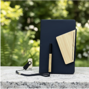 Cork & Linen Eco-Friendly Gift Set – Notebook, Bamboo Pen, 3-in-1 Charging Cable with Kraft Bag