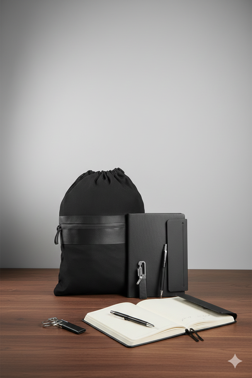 Stylish Professional Gift Set – Drawstring Bag + Premium Notebook + Metal Pen + Keychain