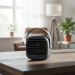 Portable Black Rubber Speaker with Powerful 3W Sound & Leather Handle 3