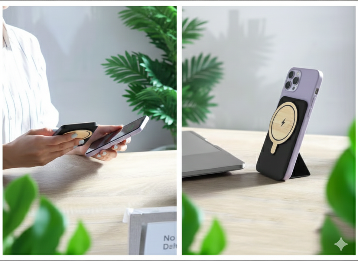 Bamboo Magnetic Wireless Power Bank 5000mAh – Compact Foldable Stand Design |Code : BO-PB8 - Image 4