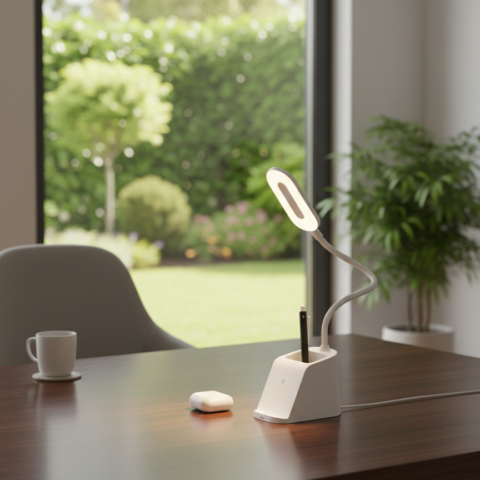 طقم مكتب ذكي LED مع شاحن لاسلكي 15 واط ومصباح مكتب قابل للتعديل – مادة قش القمح