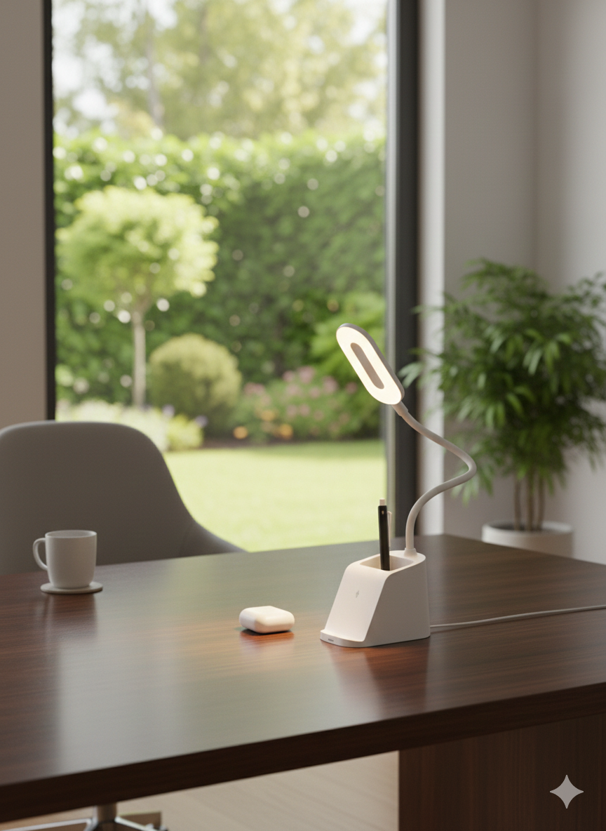 LED Smart Desk Set with 15W Wireless Charger & Adjustable Desk Lamp – Wheat Straw Material (WS-WCT23)