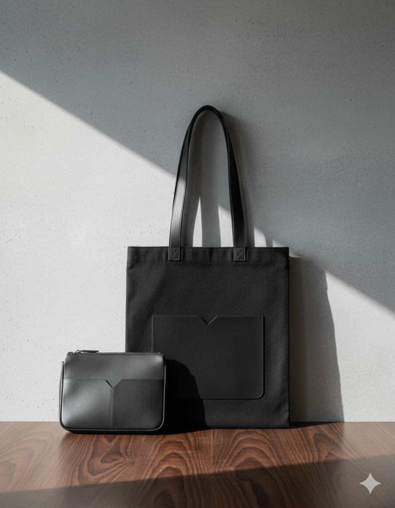 Elegant Black Tote Bag Set – Minimal Design with Matching Pouch