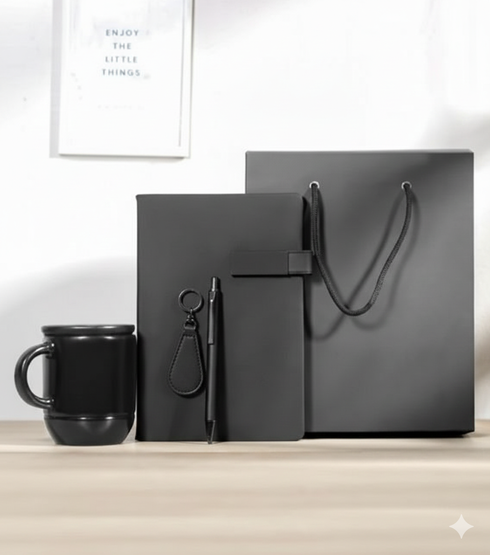 Black Office Gift Set – Notebook, Pen, Mug & Gift Bag
