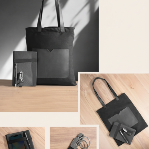 Luxury Black Work Set – Tote Bag with Notebook, Pen & Keychain