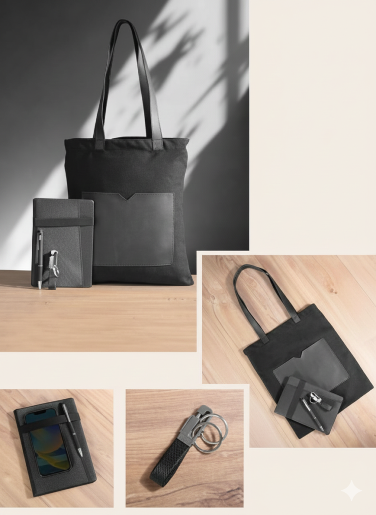 Luxury Black Work Set – Tote Bag with Notebook, Pen & Keychain