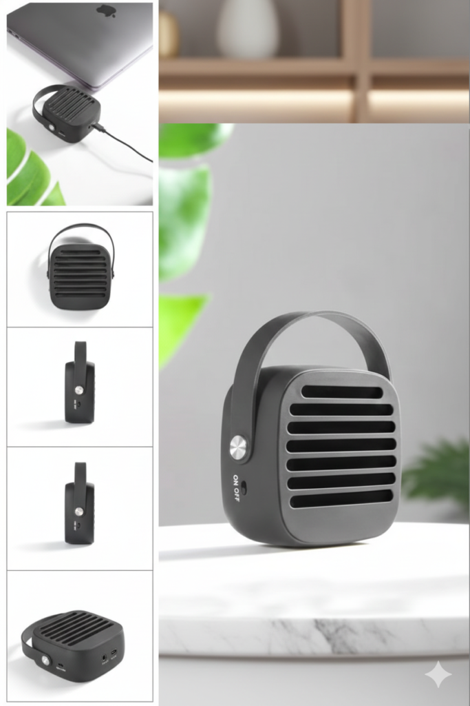Portable Black Rubber Speaker with Powerful 3W Sound & Leather Handle