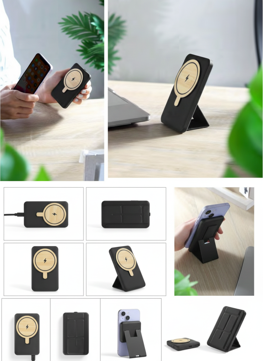 Bamboo Magnetic Wireless Power Bank 5000mAh – Compact Foldable Stand Design |Code : BO-PB8 - Image 5