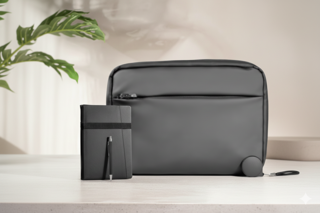 Premium Black Leather Set – Leather Bag + Notebook + Pen + Fast Wireless Charger