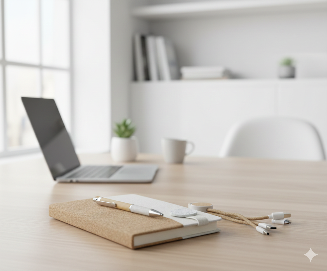 Premium Eco-Friendly Executive Gift Set – Cork & Fabric Notebook, Bamboo Pen, 3-in-1 Charging Cable with Kraft Bag - Image 2