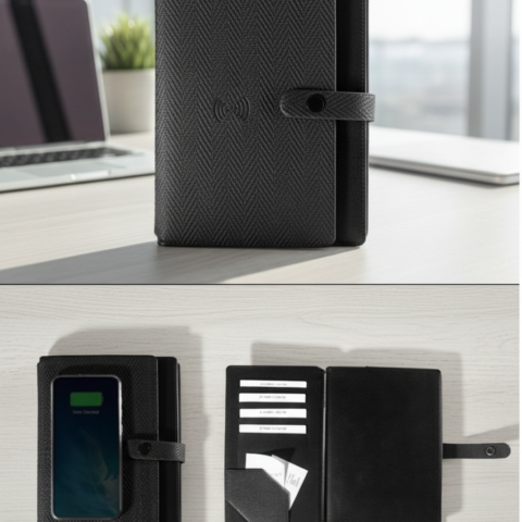 Smart Notebook with Built-In Wireless Charger and Multi-Functional Organizer