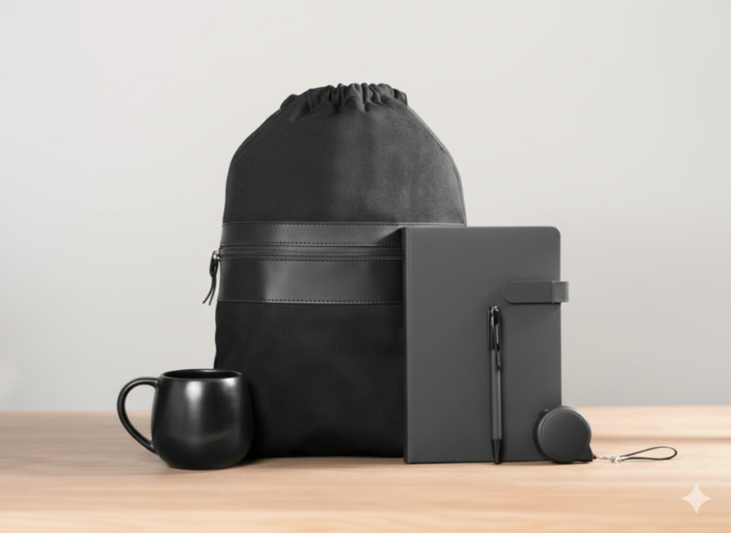 Premium Black Essential Set – Notebook, Retractable Cable & Mug