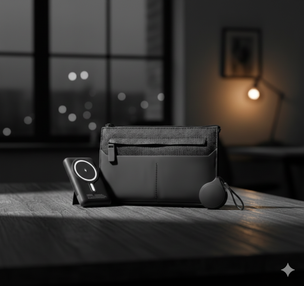 Mini Black Tech Set – Wireless Power Bank with Retractable Cable & Organizer Pouch