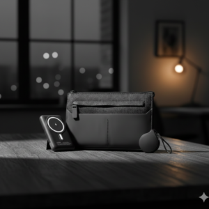 Mini Black Tech Set – Wireless Power Bank with Retractable Cable & Organizer Pouch