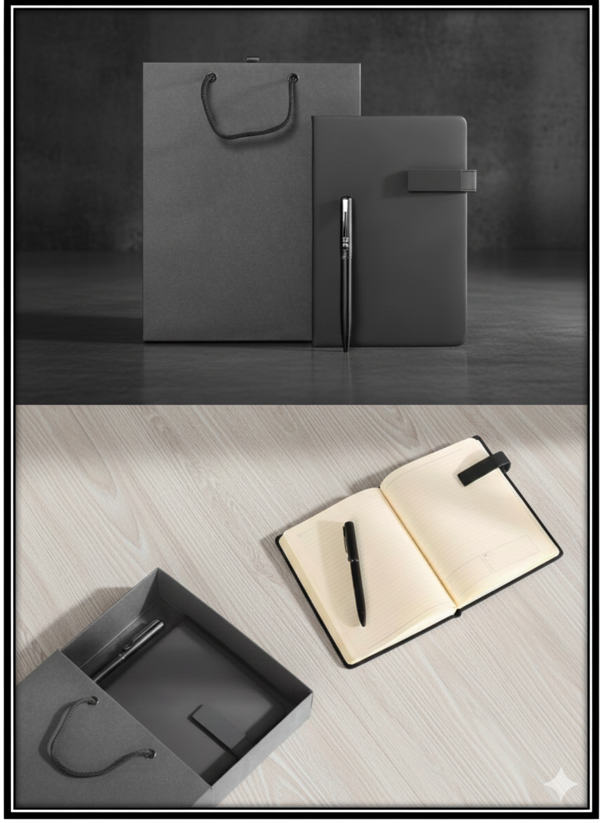Elegant Black Office Gift Set – Notebook, Pen & Gift Bag