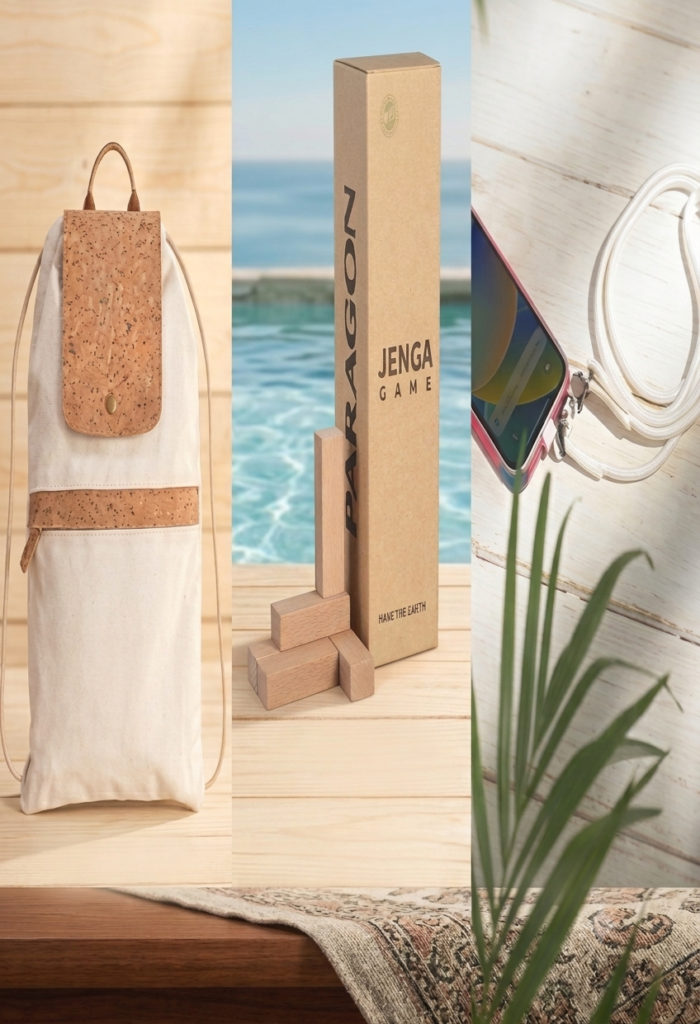 Classic Wooden Jenga Game Set with Phone Lanyard & Eco-Friendly Summer Backpack with Cork Details