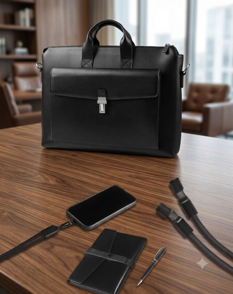 Premium Gift Set – Leather Bag with Organizer, Pen & Multi-Purpose Charging Cable