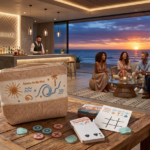 طقم حقيبة أوشن بلوم للمكياج والإكسسوارات مع لعبة إكس أو وكوتشينة – حقيبة مستدامة بتصميم صيفي أنيق 1