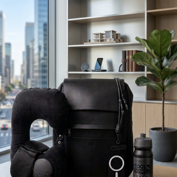 Premium Travel Backpack Set with Neck Pillow, Cardholder, Charging Cable & Towel | Business & Travel Essentials Kit