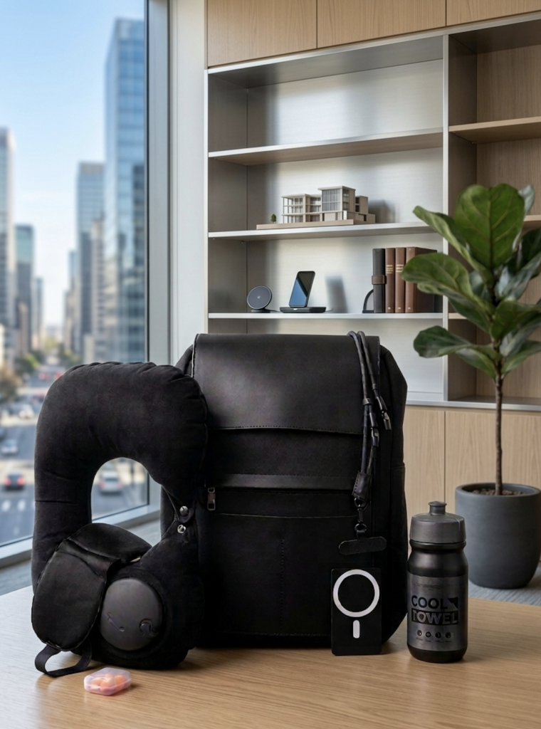 Premium Travel Backpack Set with Neck Pillow, Cardholder, Charging Cable & Towel | Business & Travel Essentials Kit
