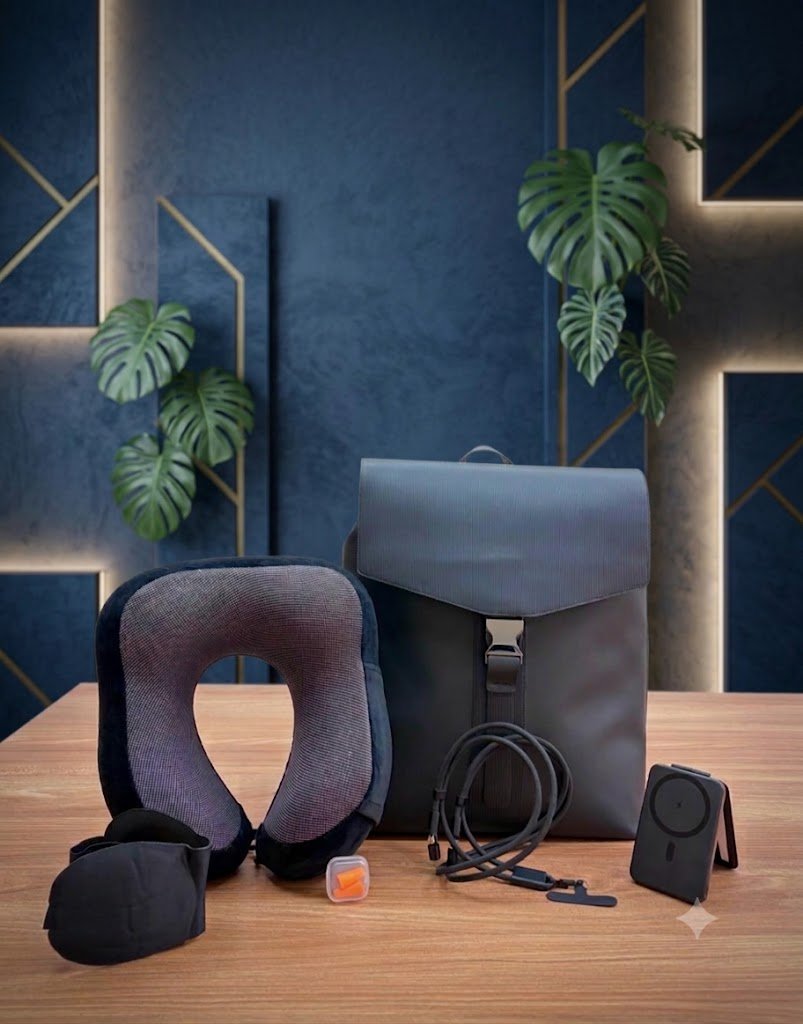 Premium Travel Backpack Set with Power Bank, Neck Pillow & Charging Cable | Business and Travel Essentials Kit
