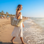 Woven Summer Beach Tote Bag with Long Handles and Snap Closure 2