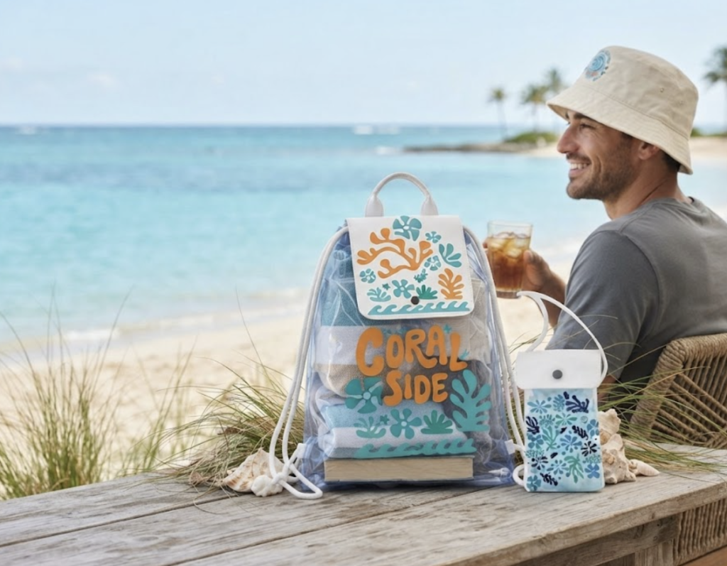 Tropical Summer Essentials Set – Clear Backpack with Bucket Hat & Transparent Phone Pouch | Perfect for Beach & Travel