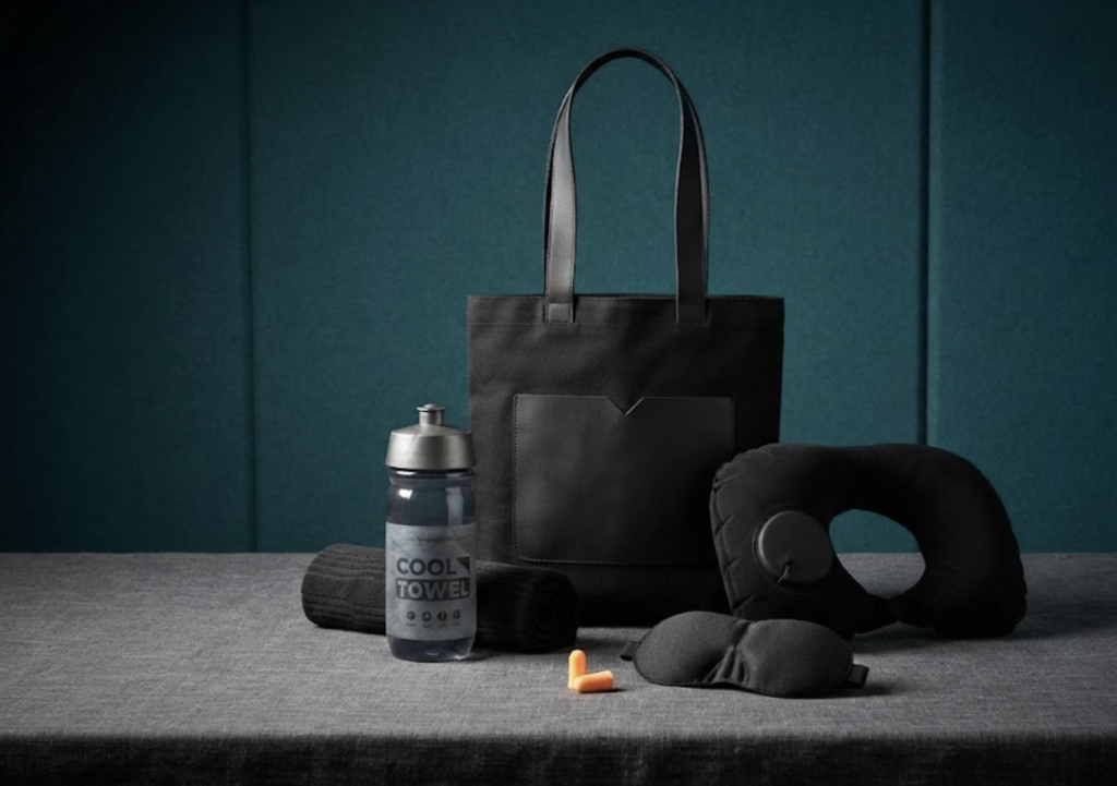 Complete Travel Comfort Set | Inflatable Neck Pillow, Sleep Mask, Earplugs, Cooling Towel & Practical Bag