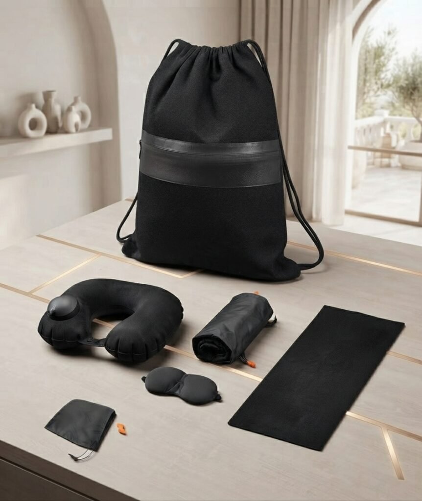 Travel Comfort Set with Drawstring Bag, Neck Pillow and Microfiber Towel