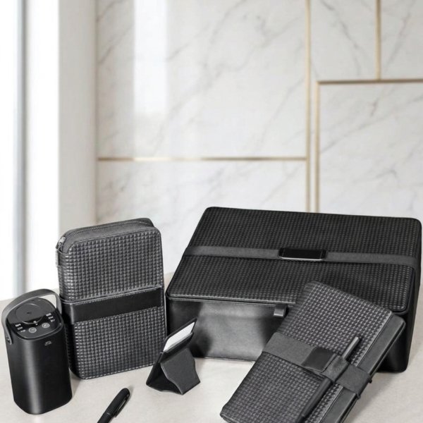 Premium Corporate Gift Set with Leather Box, Smart Notebook, Mini Hand Bag, Smart Diffuser, Magnetic Card Holder and Pen Set