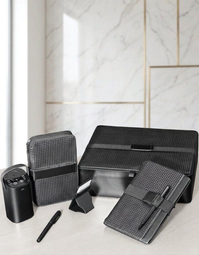 Premium Corporate Gift Set with Leather Box, Smart Notebook, Mini Hand Bag, Smart Diffuser, Magnetic Card Holder and Pen Set