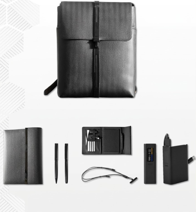 Corporate Gift Set with Organizer, Pen Set, Long Cable Strap, 9000mAh Power Bank and Leather Backpack