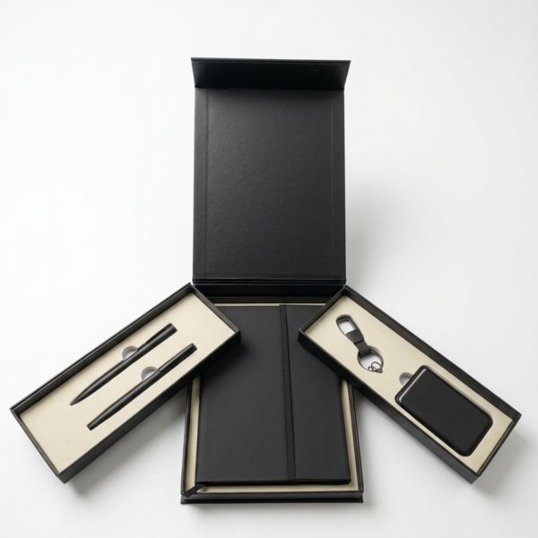 Luxury Black 5-in-1 Office Gift Set with Notebook, 2 Pens, Keychain and Card Holder