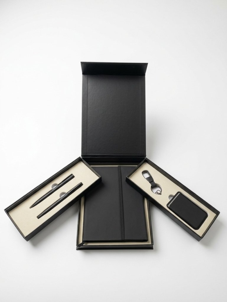 Luxury Black 5-in-1 Office Gift Set with Notebook, 2 Pens, Keychain and Card Holder