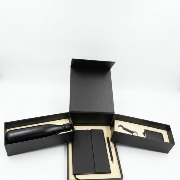 Royal Black Corporate Gift Set with Thermal Bottle, Notebook, Pen, Keychain and Cardholder