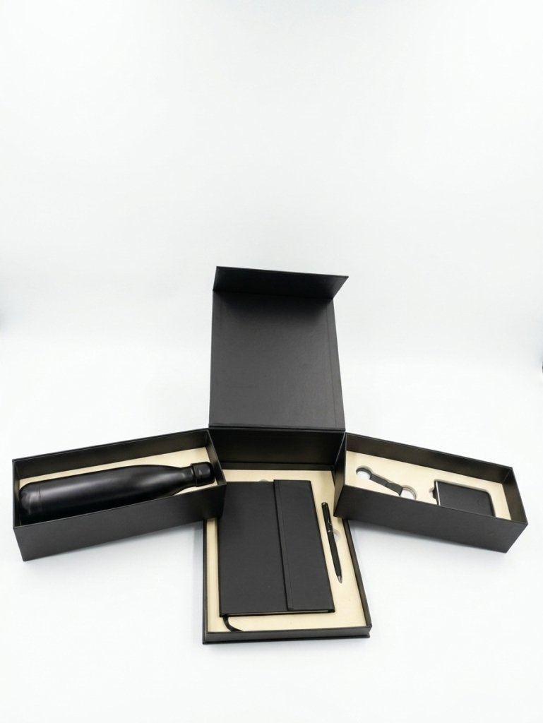 Royal Black Corporate Gift Set with Thermal Bottle, Notebook, Pen, Keychain and Cardholder